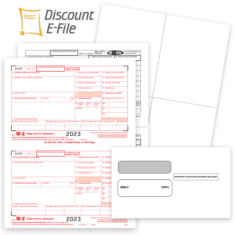 W2 Tax forms and envelopes for 2023, official W-2 forms, blank perforated paper in 2up, 3up and 4up formats - zbpforms.com