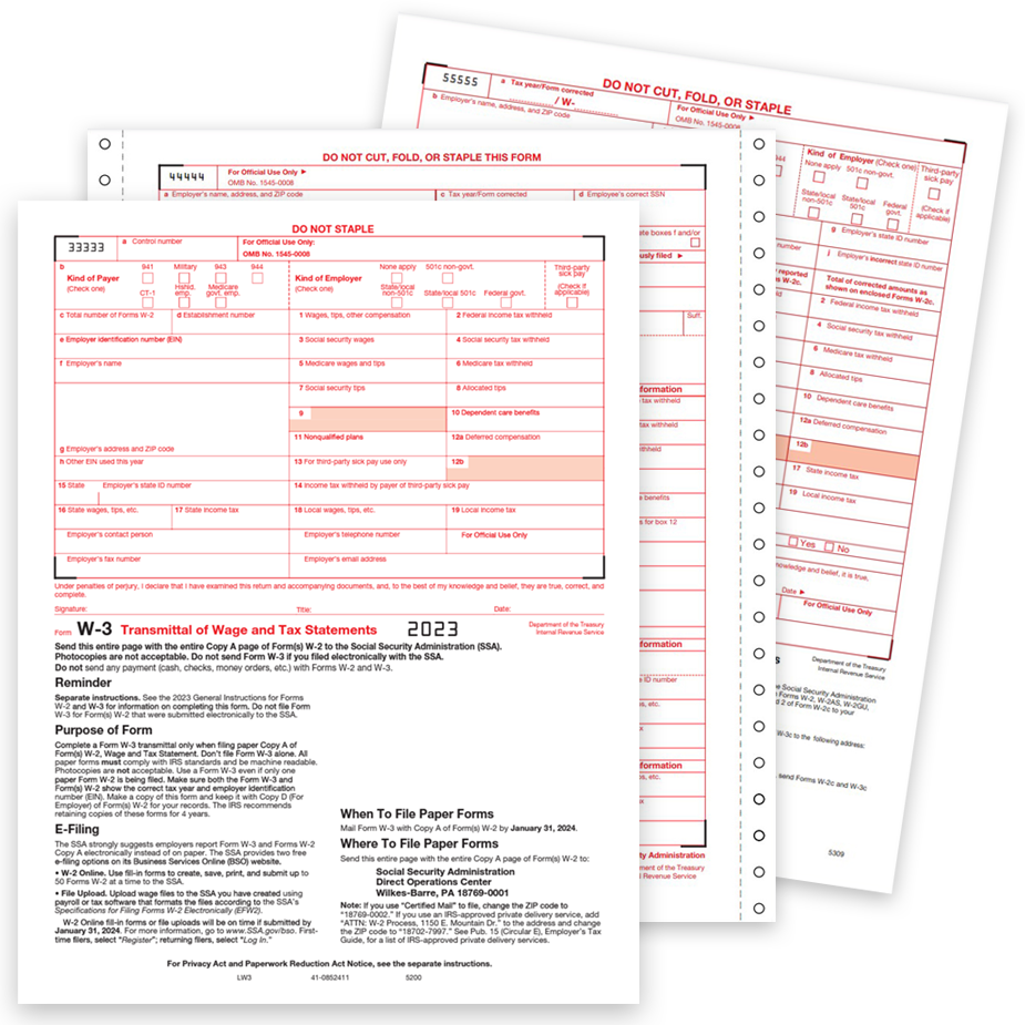 W3 transmittal tax forms for W2 filing, laser and continuous formats - zbpforms.com